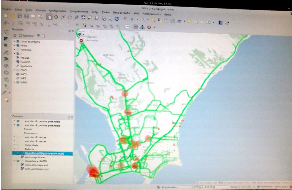 Mapa com georreferenciamentos (localizações) de ambulâncias rastreadas pelo SMART SAMU.