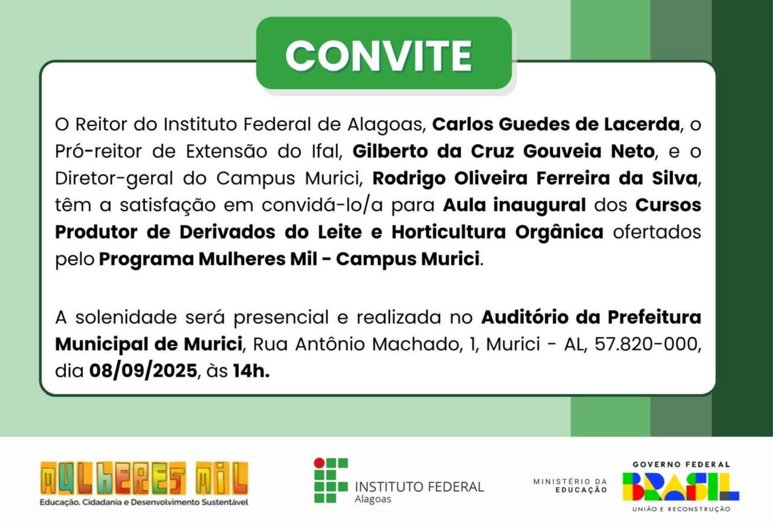 Convite para a aula inaugural do Programa Mulheres Mil