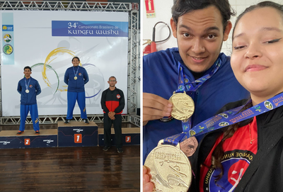 Rychard Albert no pódio com seu colega medalhista Elieltow Durval, ex-aluno do Campus Penedo; e exibindo seu primeiro ouro ao lado da irmã Jennyfer Vitória.