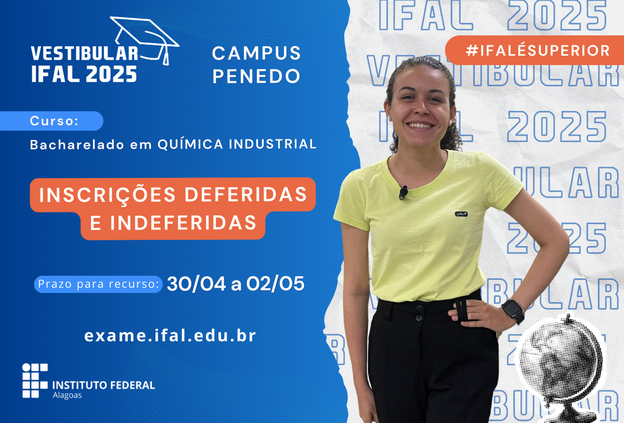 Confira inscrições deferidas e indeferidas para graduação em Química Industrial no Ifal Penedo