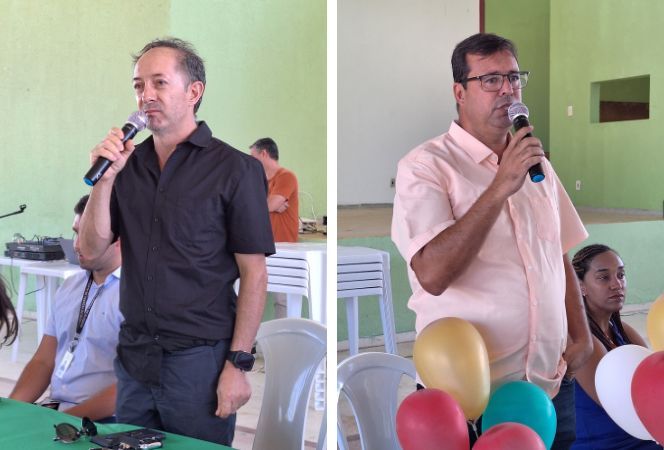 Coordenadores dos cursos de Agroindústria, Gilberto Tenório, e Agropecuária, Valtair Veríssimo acolhem os ingressantes com orientações sobre os cursos e palavras de incentivo