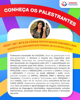 Rita de Cássia Souto Maior Siqueira Lima, da Universidade Federal de Alagoas (Ufal), será palestrante da aula inaugural.jpeg
