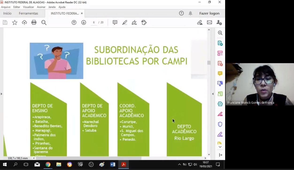 Bibliotecária do Campus Maceió, Franciane Monick Gomes dá detalhes da elaboração do documento exposto na reunião