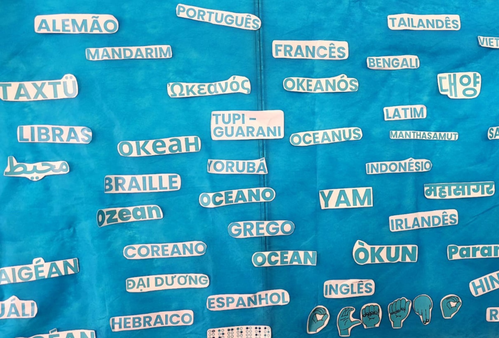 Painel com a palavra Oceano escrita em outras línguas