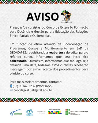 Nota da Diread aos cursistas