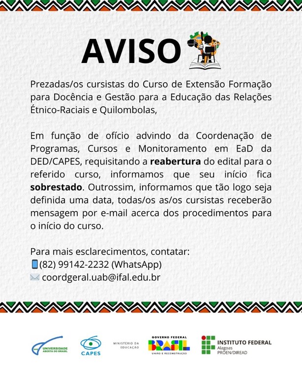 Nota da Diread aos cursistas