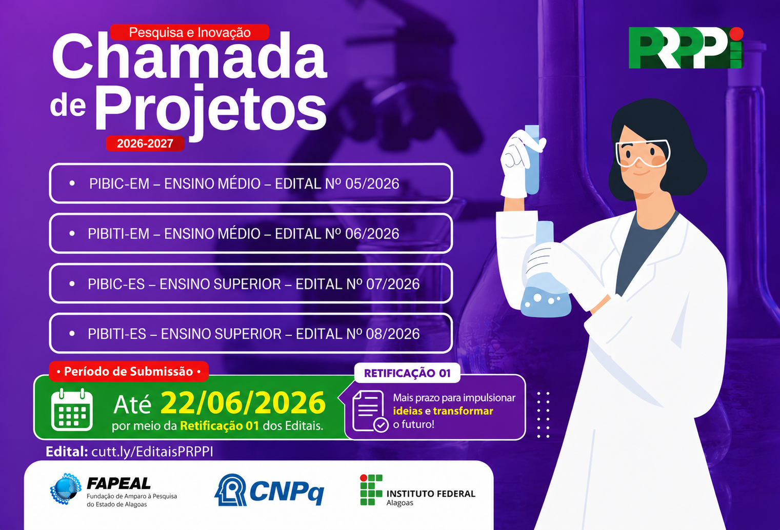 PRPPI retifica edital de bolsas para iniciação científica, tecnológica e inovação